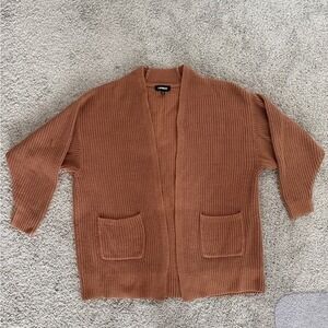 EXPRESS Ribbed Knit Open Front Cardigan Sweater Brown XS‎ Lightweight Pockets